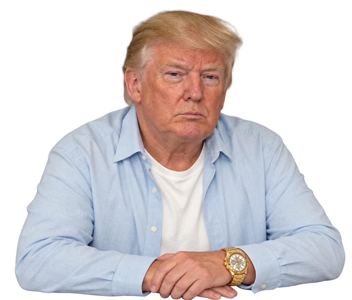 Trumpchi in a pale blue shirt, wearing a large gold watch